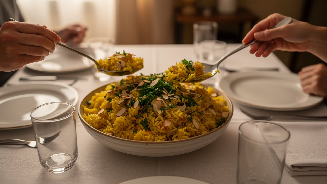 Готова порция вкусен ориз пилаф, подправен с билки и ядки.