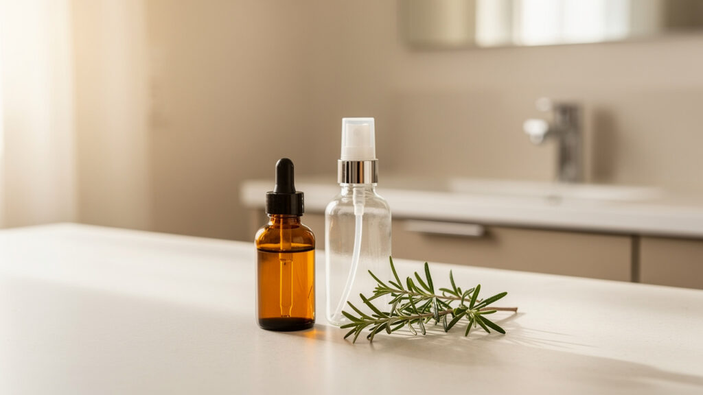 Бутилка с масло, спрей с вода и свежи клонки розмарин на плот в баня.